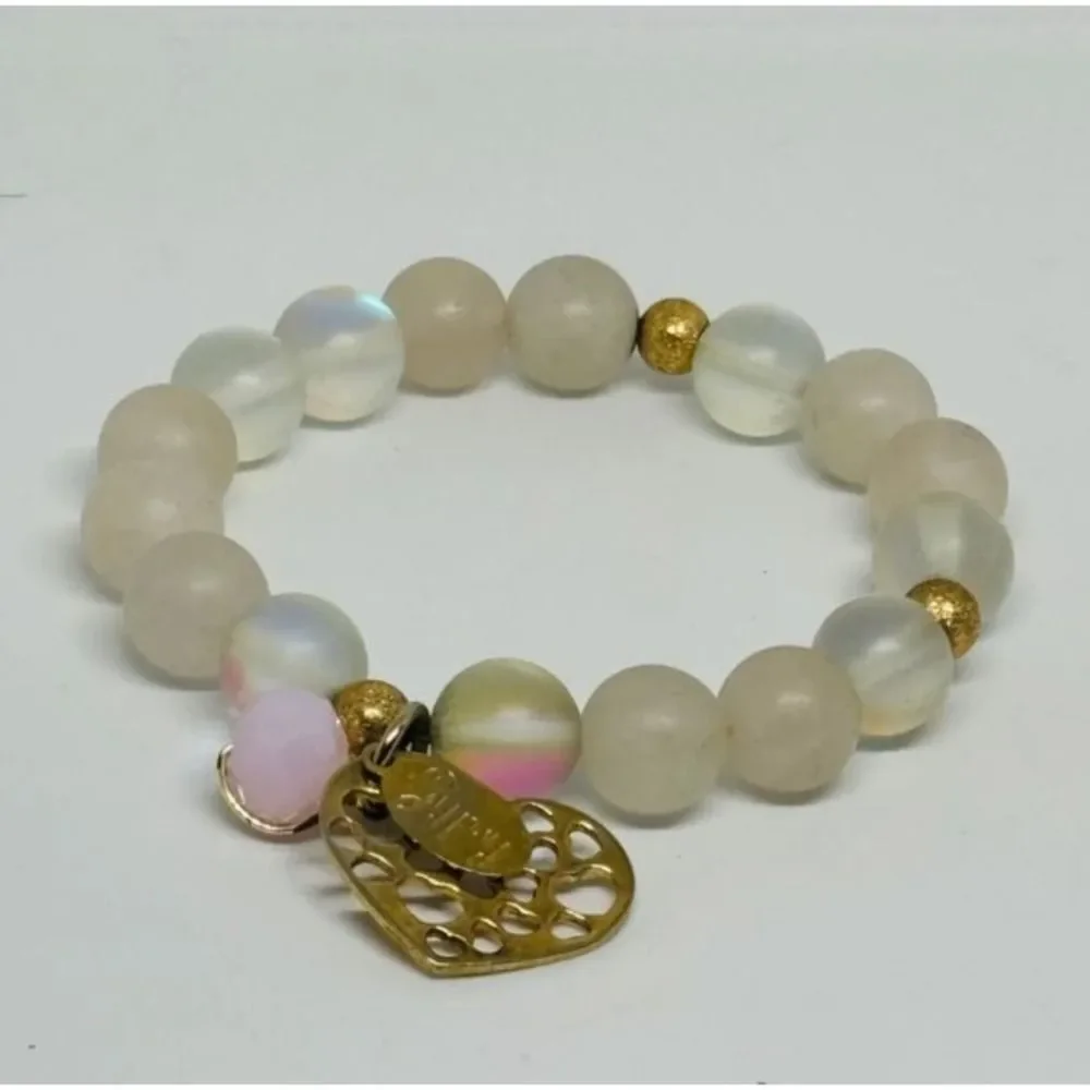 Gypsy Handmade Beaded Stretch Bracelet Gold Heart Charm Pastel Glass
